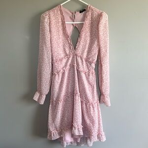 Blush Pink Ruffle Mini Dress – Long Sleeve, Open Back, Flowy & Feminine